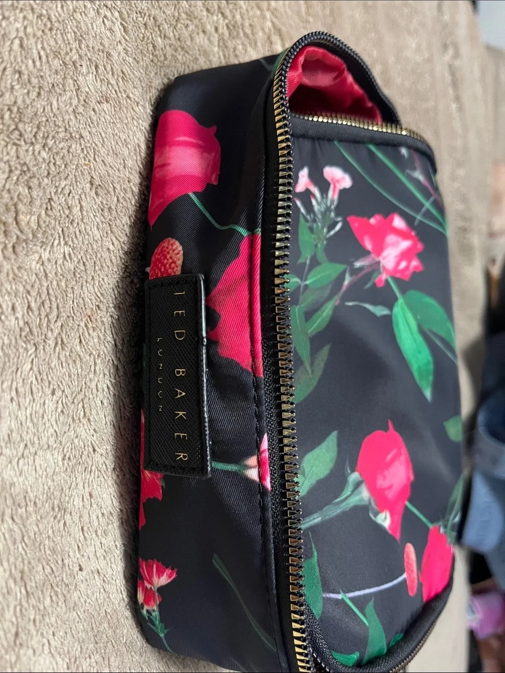 Ted Baker Black Cosmetic Pouch with Pink Floral Print